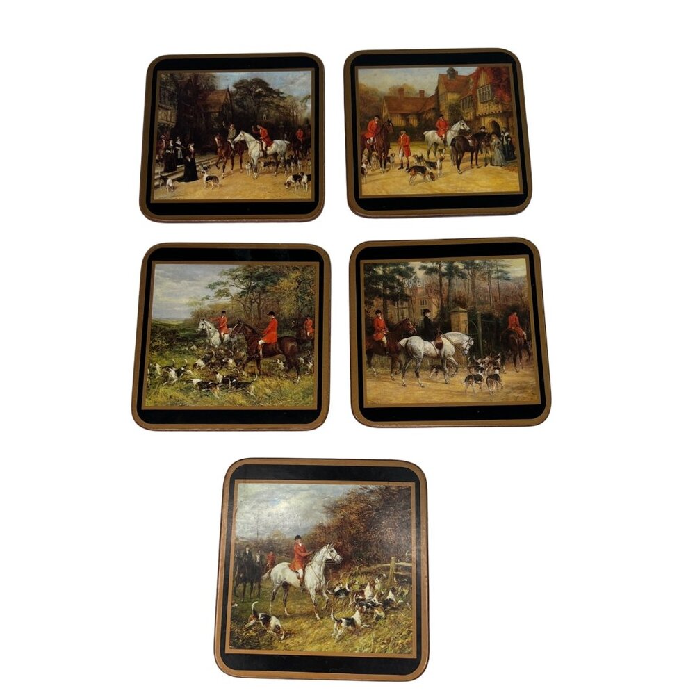 Vintage Pimpernel Equestrian Hunt Scene Tally Ho Coasters Set Of 5 Cork Backing